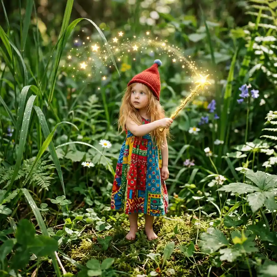 Ein kleines Mädchen mit einer roten Mütze, einem bunten Kleid und einem Stab, der goldene Sterne in die Luft zeichnet.